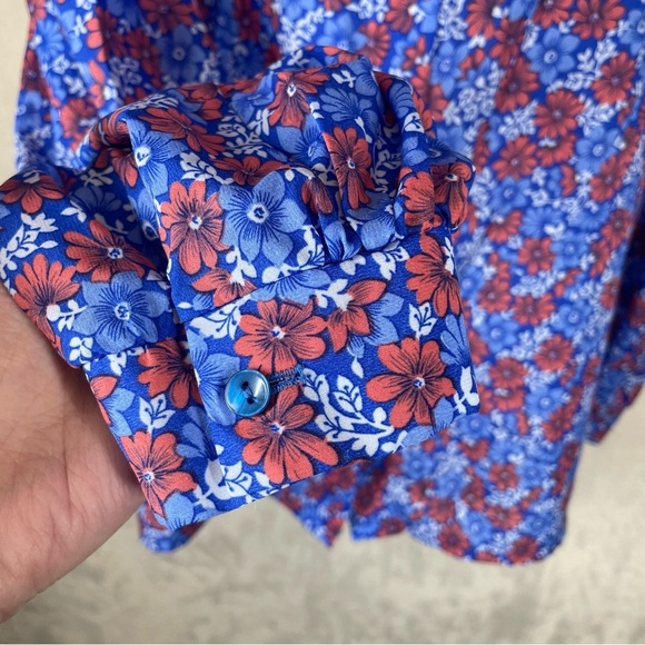 Vintage Ms Bond blue red floral blouse ties at neck women’s XL button up - Picture 5 of 8